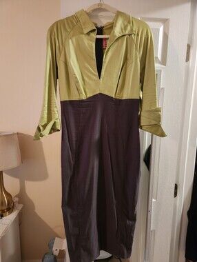 Pinup Couture Olive Green and Plum Two-Tone Long Sleeve Sheath Dress